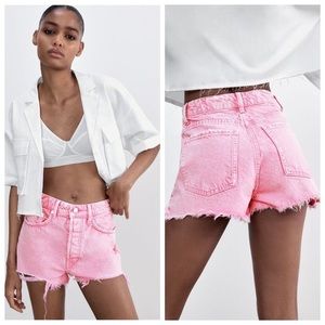 ZARA bubble gum pink acid wash denim jean shorts high waisted fit 2021